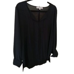 LOFT Black Sheer Blouse Long Cuffed Sleeve Vneck Lightweight Large